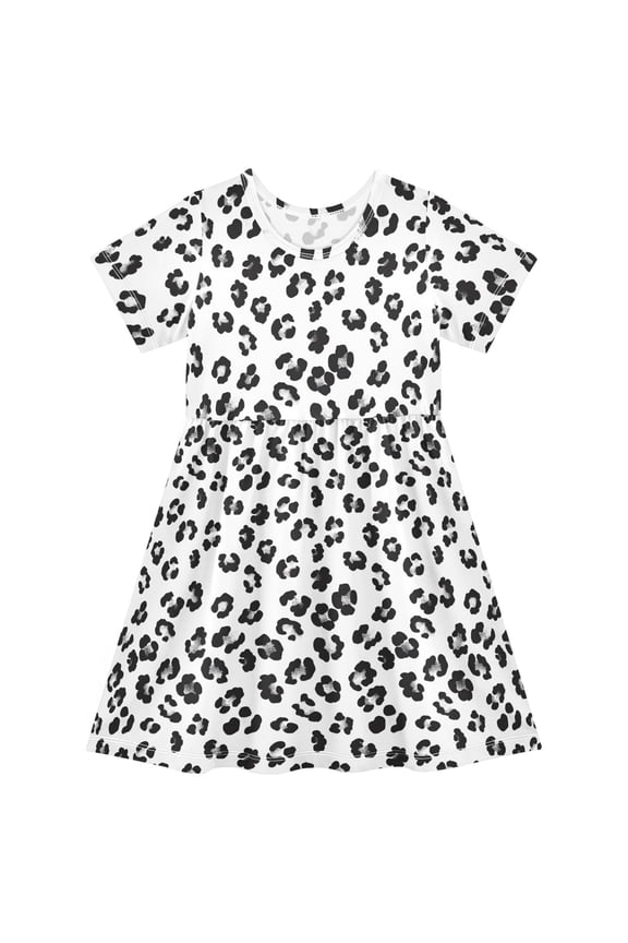 Leopard Pattern White Girls' Short Sleeve Dress Kids Dresses 5-6T