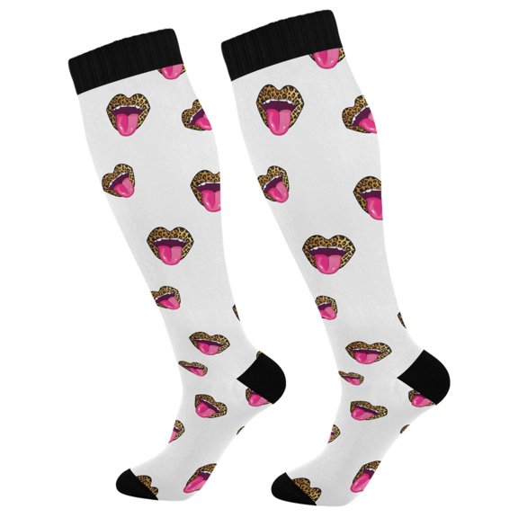 joogoo Leopard Red Lips Socks Women Men Knee High Sock
