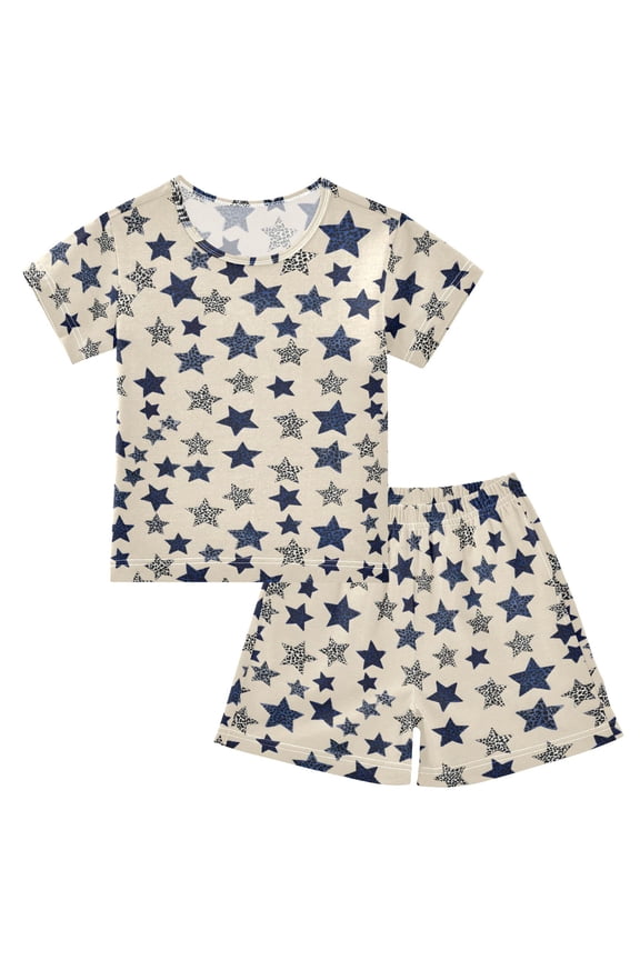 Leopard Stars Pajama Sets Short Sleeve Cotton 2-Piece Sleepwear 10Y