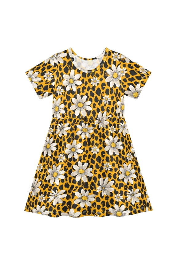 Leopard Sunflower Girls' Short Sleeve Dress Kids Dresses 5-6T