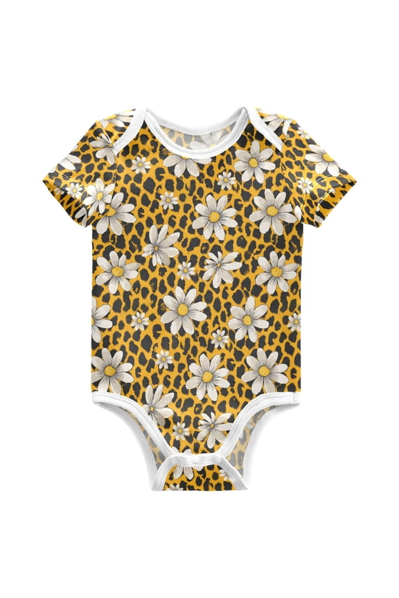Leopard Sunflower Pattern Baby Bodysuits Short Sleeve Cotton Onesies Clothes 24Months