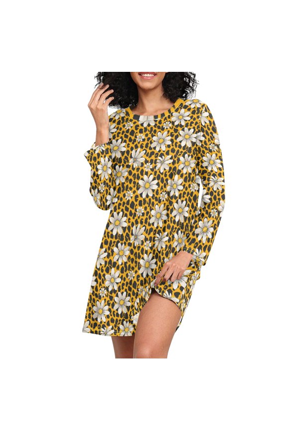 Leopard Sunflower Women's Long Sleeve Nightgown Sleepwear XL