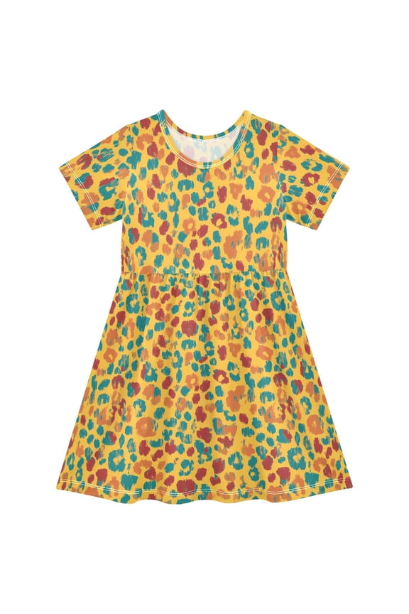 Leopard Yellow-h1 Girls' Short Sleeve Dress Kids Dresses 5-6T