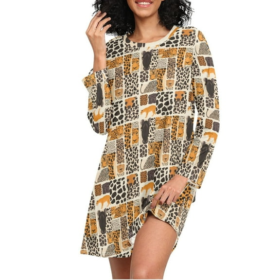 joogoo Leopard-d3 Women's Long Sleeve Nightgown Sleepwear L
