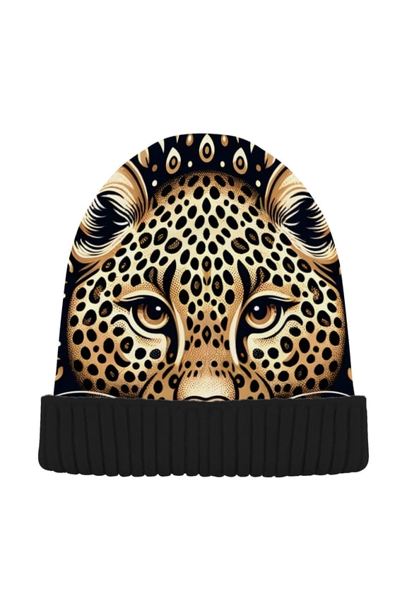 Leopard with Boho Pattern Beanie Hats Men Women Cuffed Skull Cap Winter Warm Knit Thick Beanies