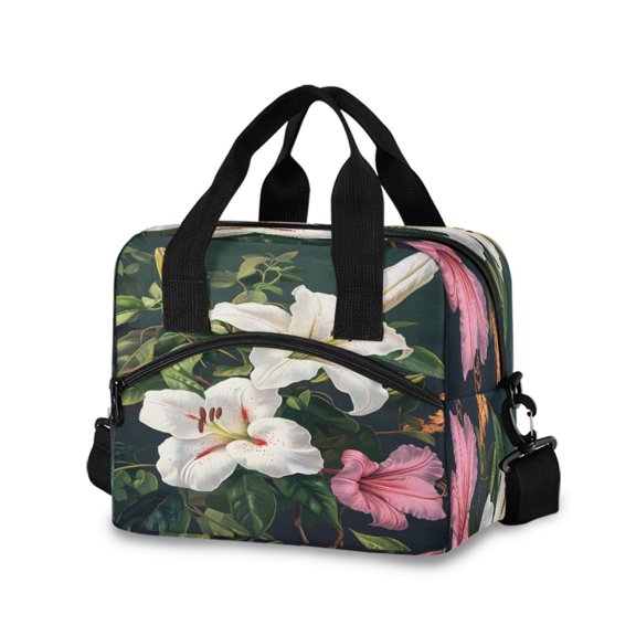 joogoo Lily Flower Insulated Lunch Bags Reusable Cooler Box with Shoulder Strap