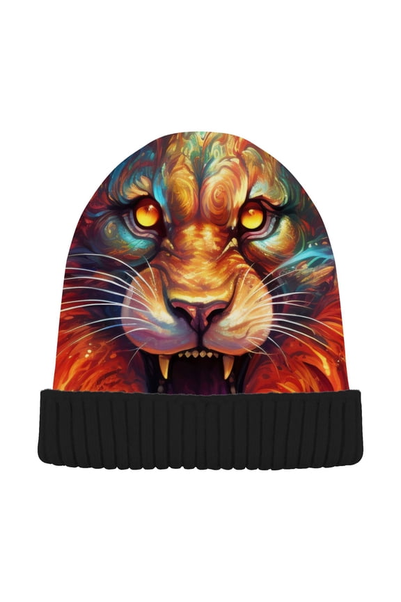 Lion on Fire Beanie Hats Men Women Cuffed Skull Cap Winter Warm Knit Thick Beanies