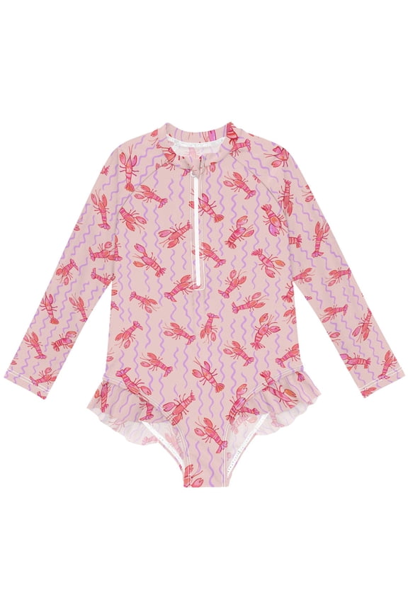 Lobster Pink Pattern Girls One-Piece Swimsuits UPF 50+ Long Sleeve Rash Guard Bathing Suit 4 Years