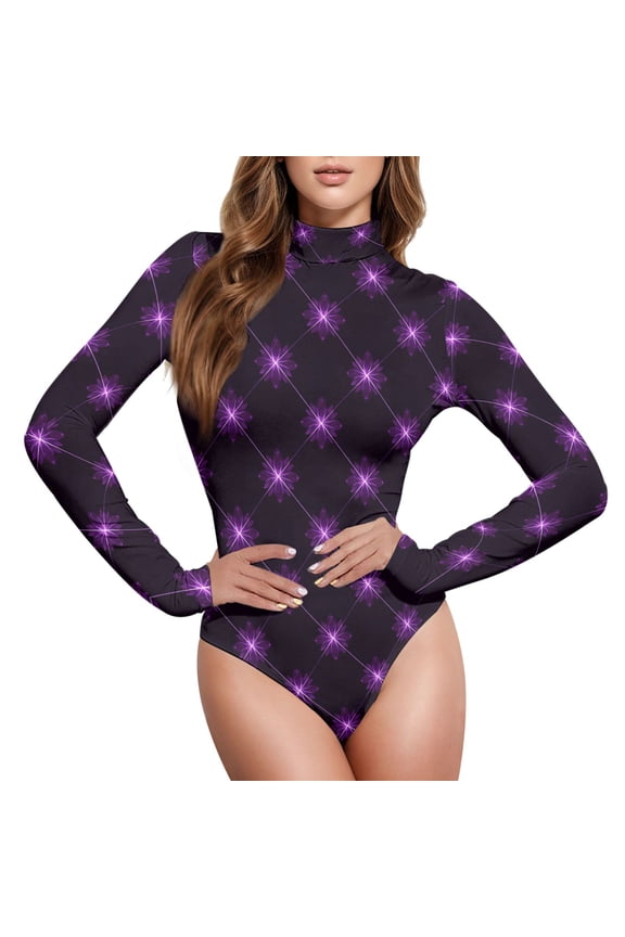 Lotus with Glitter Women's Mock Turtle Neck Long Sleeve Bodysuit M