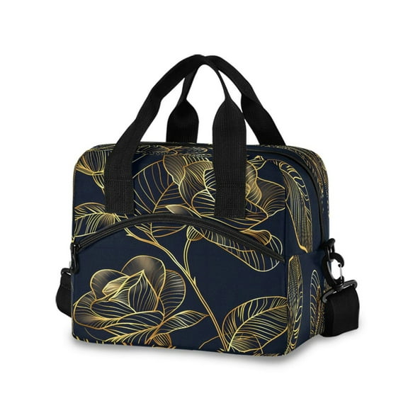 joogoo Luxury Golden Rose Flower Insulated Lunch Bags Reusable Cooler Box with Shoulder Strap