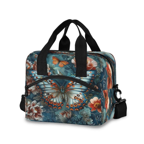 joogoo Magic Butterfly on Floral Insulated Lunch Bags Reusable Cooler Box with Shoulder Strap