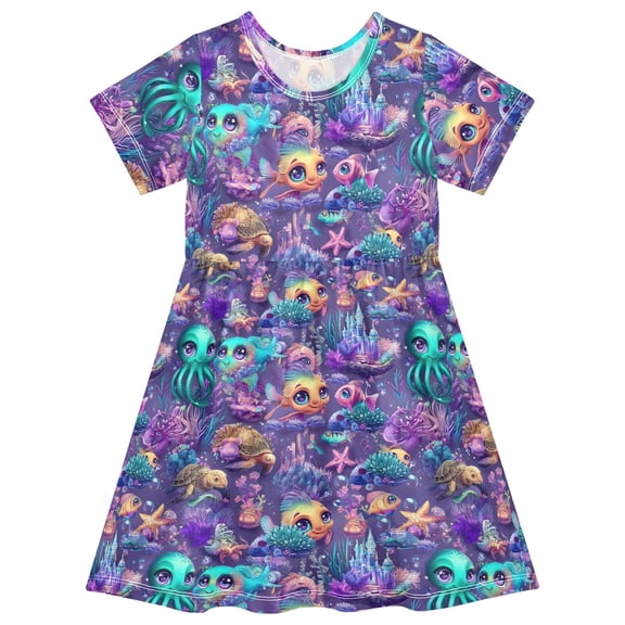 joogoo Magic Fish Ocean Castle Girls' Short Sleeve Dress Kids Dresses 5-6T