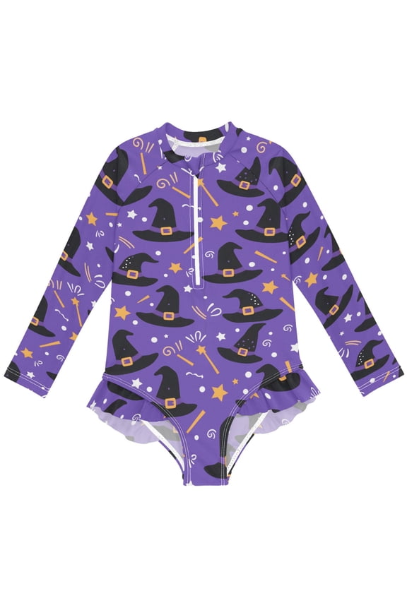 Magic Hat Pattern Girls One-Piece Swimsuits UPF 50+ Long Sleeve Rash Guard Bathing Suit 3 Years