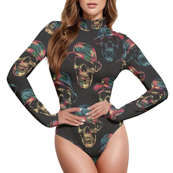 joogoo Magic Skulls Women's Mock Turtle Neck Long Sleeve Bodysuit M