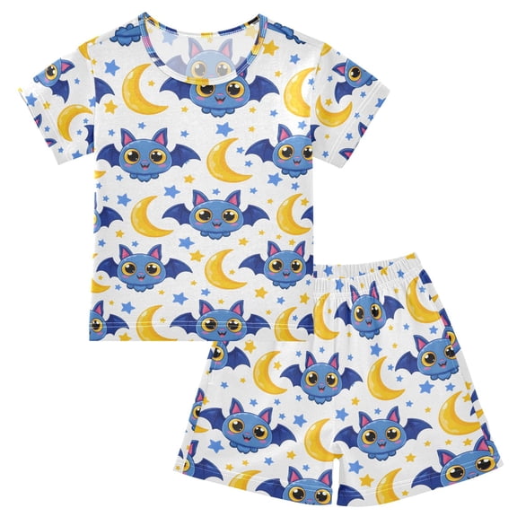 joogoo Magical Cartoon Bats Pattern Pajama Sets Short Sleeve Cotton 2-Piece Sleepwear 10Y