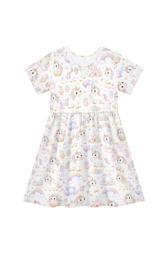 Magical Unicorns Rainbows Castle Girls' Short Sleeve Dress Kids Dresses 3T