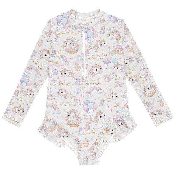 joogoo Magical Unicorns Rainbows Castle Pattern Girls One-Piece Swimsuits UPF 50+ Long Sleeve Rash Guard Bathing Suit 7-8 Years