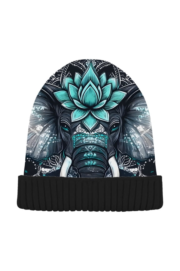 Mandala Elephant Beanie Hats Cuffed Winter Warm Knit Thick Beanies