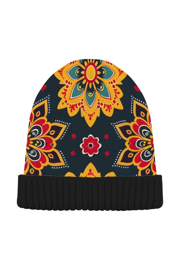 Mandala Ethnic Flower Beanie Hats Men Women Cuffed Skull Cap Winter Warm Knit Thick Beanies