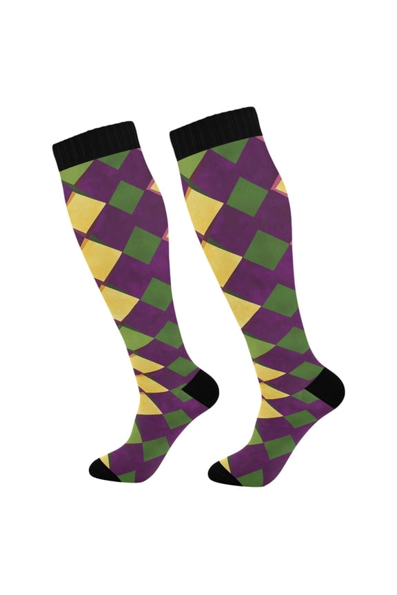 Mardi Gras Checkered Socks Women Men Knee High Sock