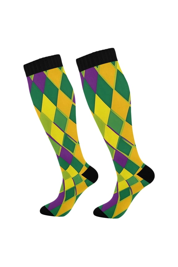 Mardi Gras Checkered Compression Socks Women Men Knee High Sock