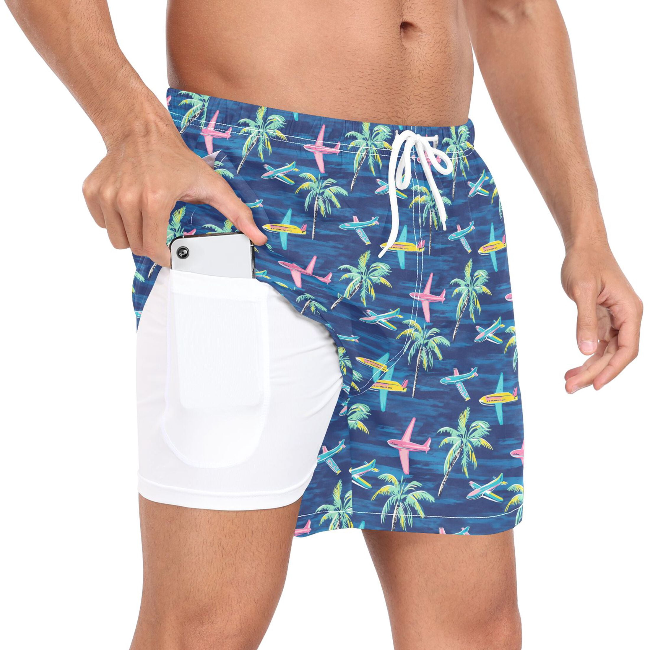 joogoo Men's Airplanes Palm Trees Swim Trunks with Liner Pocket Beach Shorts XL