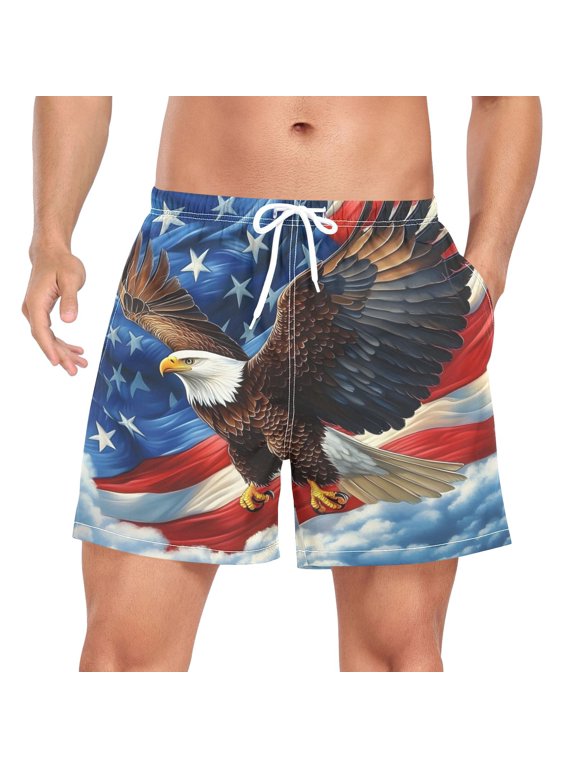 Men's American Flag Eagle Swim Trunks with Liner Pocket Beach Shorts Large