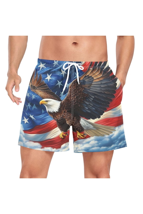 Men's American Flag Eagle Swim Trunks with Liner Pocket Beach Shorts XX-Large