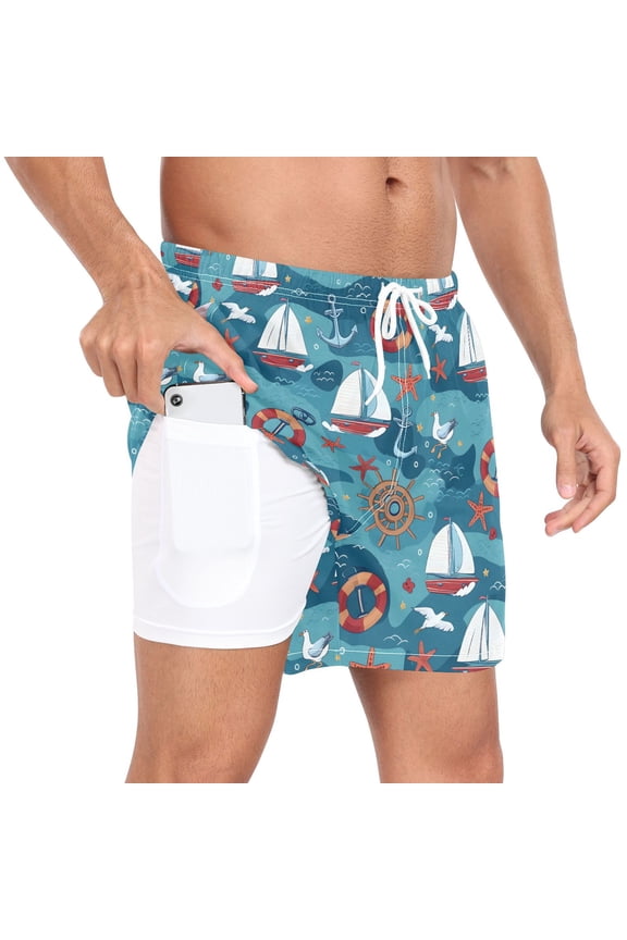 Men's Anchor Sailboat Starfish Swim Trunks with Liner Pocket Beach Shorts M