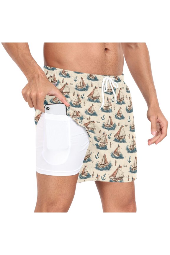 Men's Anchors Sailboats Swim Trunks with Liner Pocket Beach Shorts S