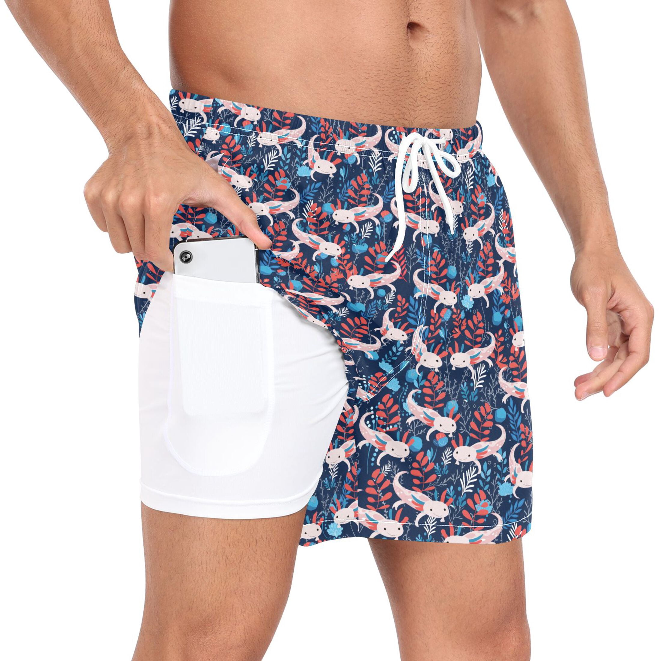joogoo Men's Axolotl Cartoon Swim Trunks with Liner Pocket Beach Shorts XXL