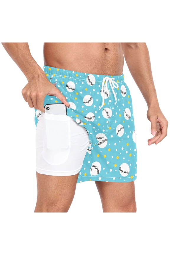 Men's Baseball Polka Dots Swim Trunks with Liner Pocket Beach Shorts L