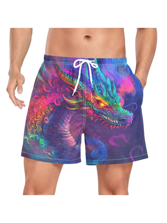 Men's Boho Cool Dragon Swim Trunks with Liner Pocket Beach Shorts Large