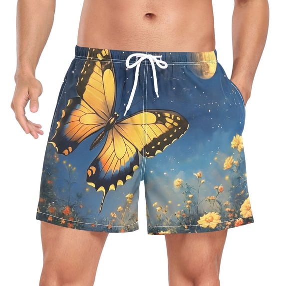 joogoo Men's Butterfly at Night Swim Trunks with Liner Pocket Beach Shorts Medium