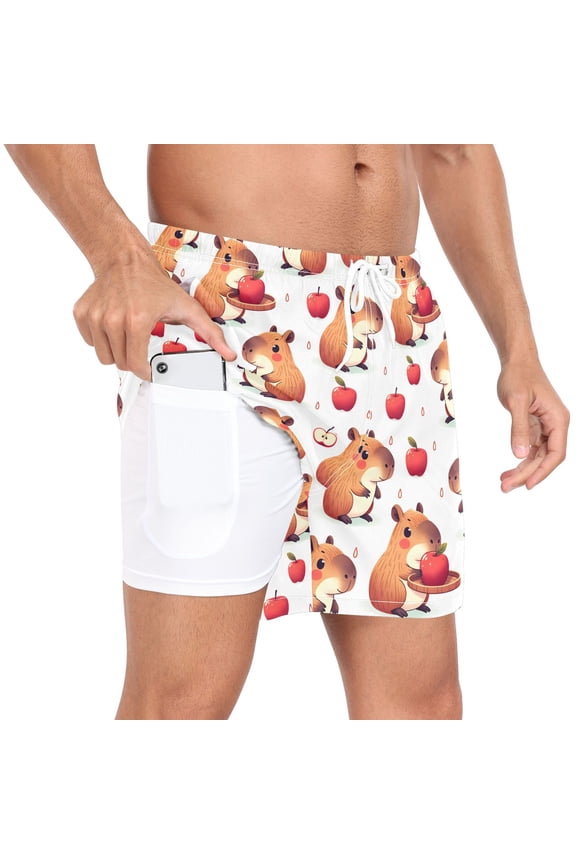 Men's Capybara Red Apples Swim Trunks with Liner Pocket Beach Shorts L