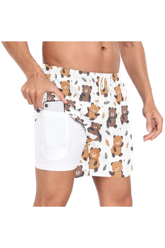 Men's Cartoon Bear Swim Trunks with Liner Pocket Beach Shorts XXL