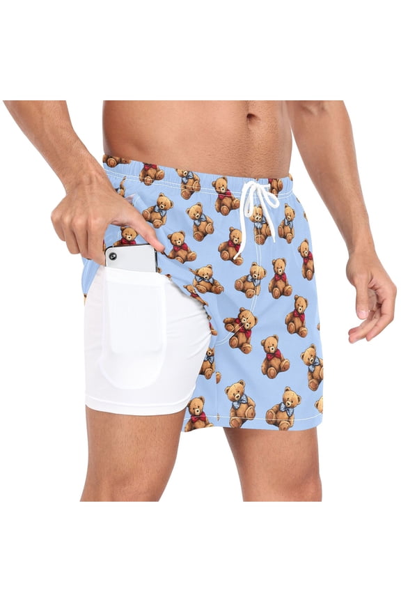 Men's Cartoon Bears Swim Trunks with Liner Pocket Beach Shorts XXL