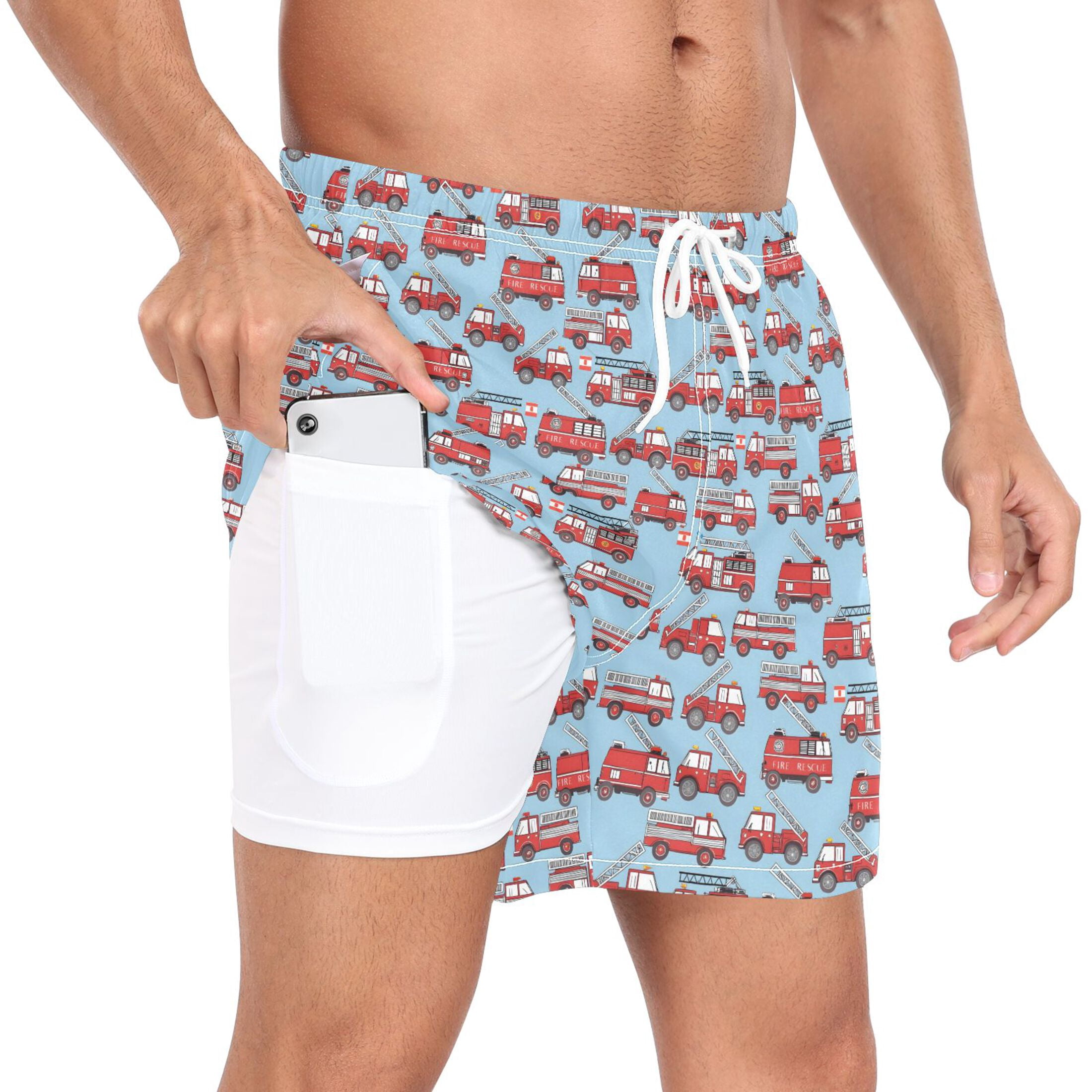 joogoo Men's Cartoon Fire Truck Blue Swim Trunks with Liner Pocket Beach Shorts L