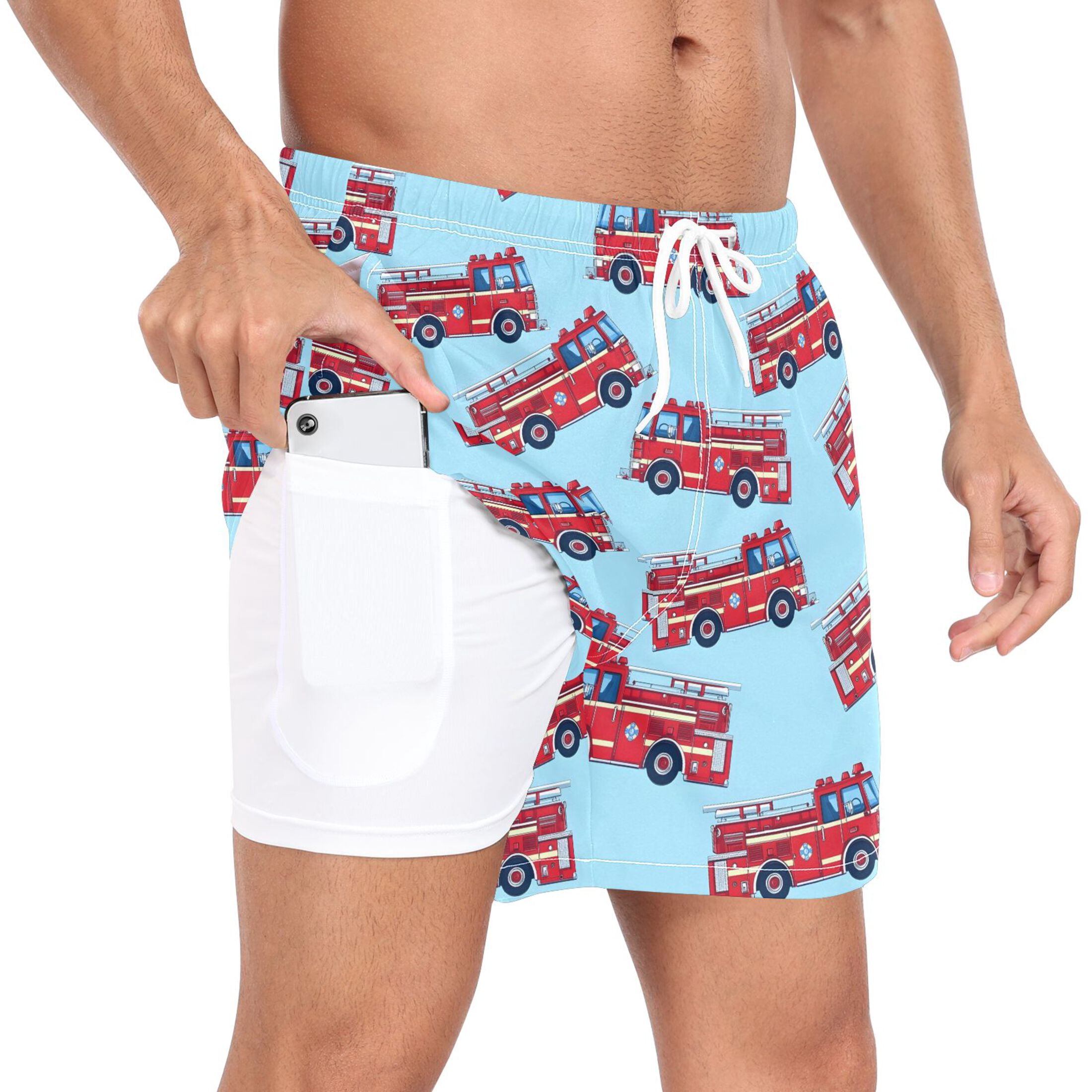 joogoo Men's Cartoon Fire Trucks Swim Trunks with Liner Pocket Beach Shorts XXL
