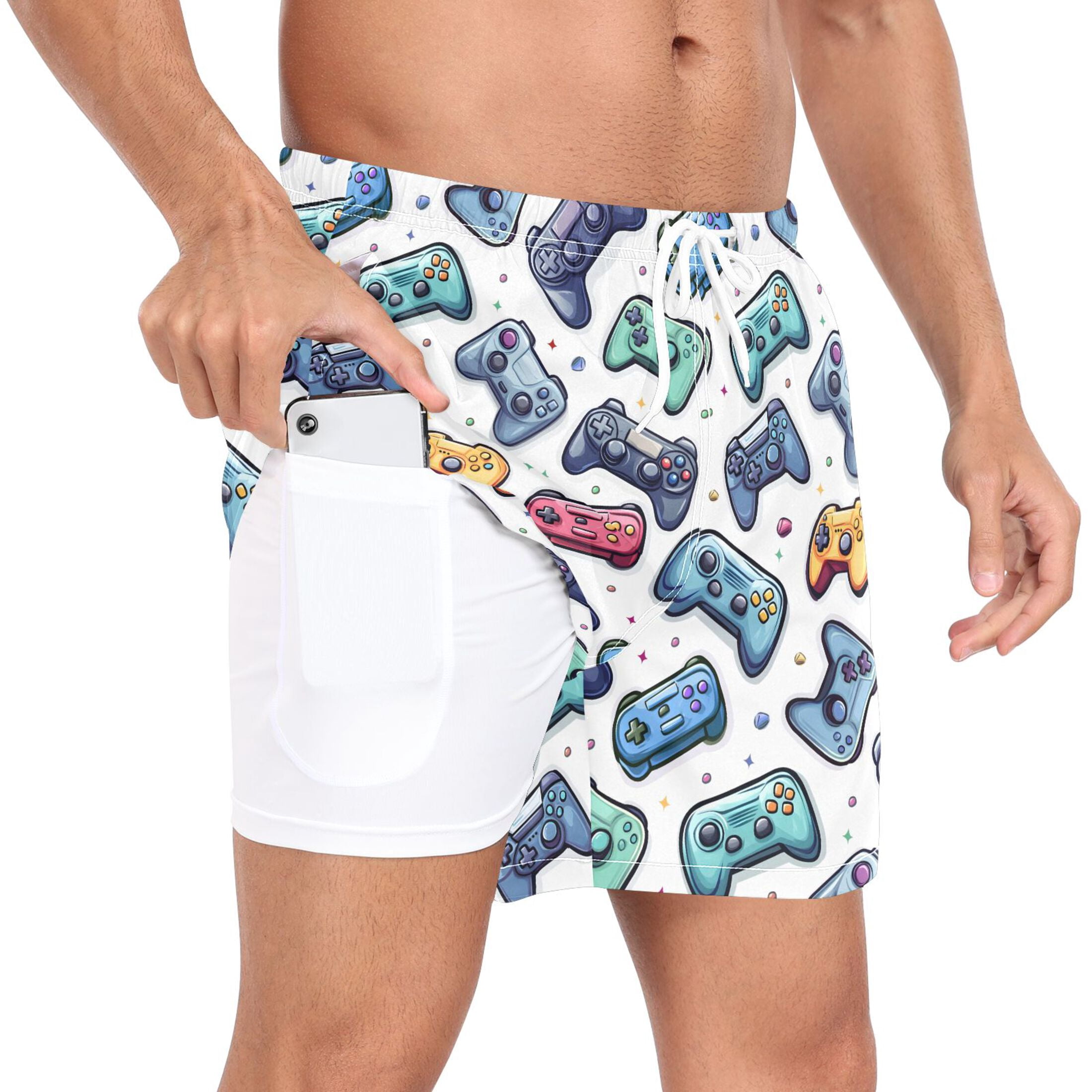 joogoo Men's Cartoon Game Controller Swim Trunks with Liner Pocket Beach Shorts XXL
