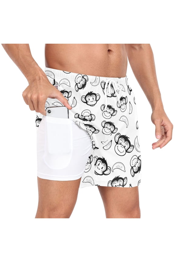 Men's Cartoon Monkey Banana-1 Swim Trunks with Liner Pocket Beach Shorts XXL