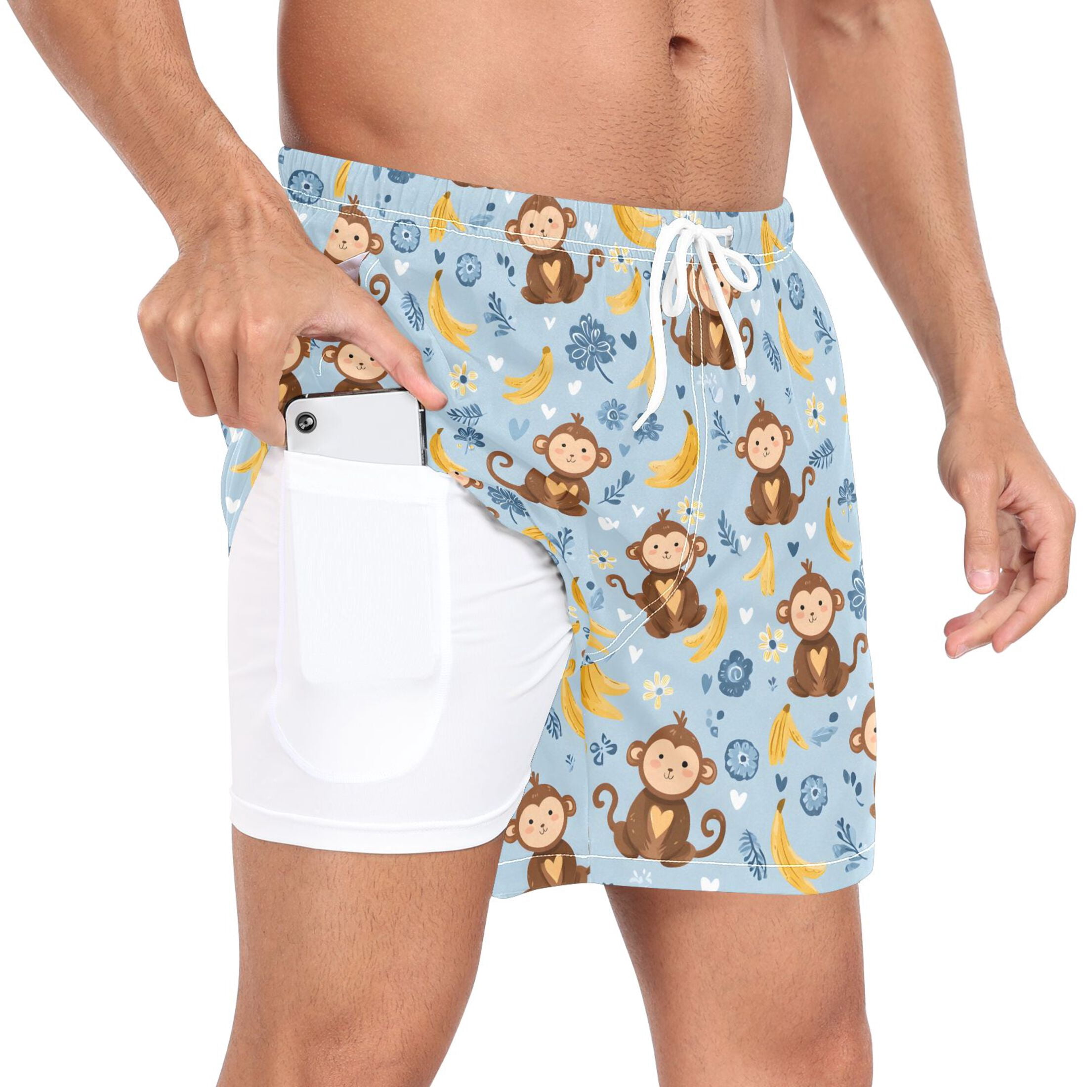joogoo Men's Cartoon Monkey Bananas Swim Trunks with Liner Pocket Beach Shorts M