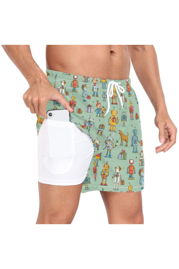 Men's Cartoon Robots Swim Trunks with Liner Pocket Beach Shorts XL