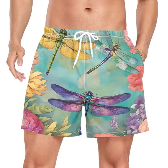 joogoo Men's Colorful Dragonfly Flowers Swim Trunks with Liner Pocket Beach Shorts Small