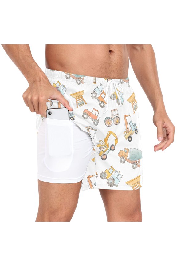 Men's Construction Crane and Backhoe Swim Trunks with Liner Pocket Beach Shorts L