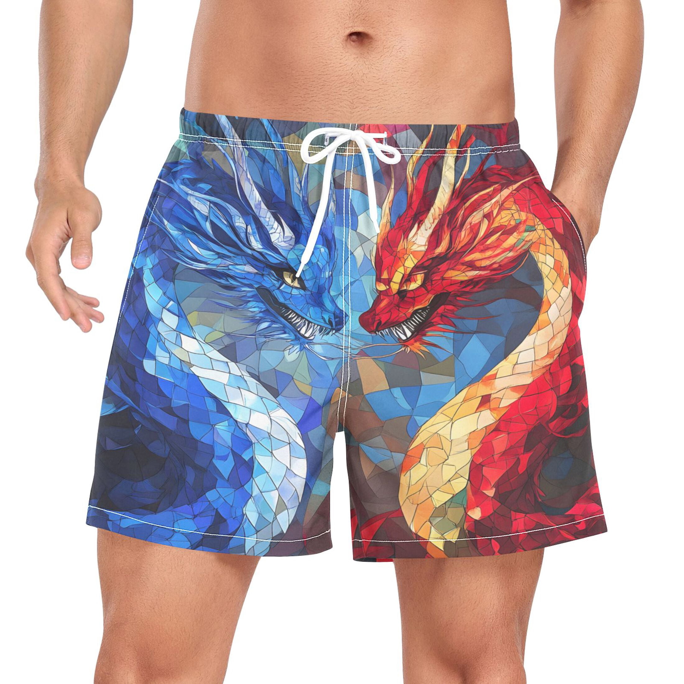 joogoo Men's Cool Art Dragons Swim Trunks with Liner Pocket Beach Shorts X-Large