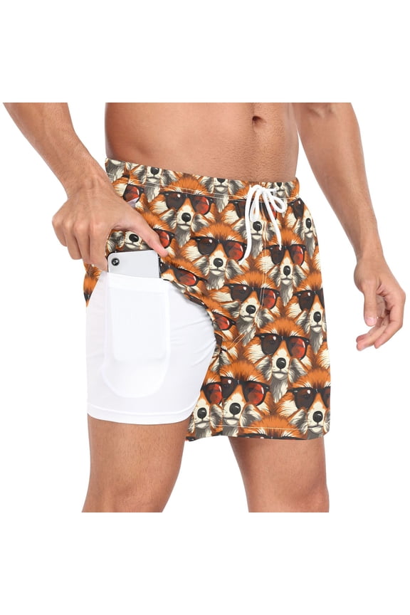 Men's Cool Fox with Sunglasses Swim Trunks with Liner Pocket Beach Shorts L