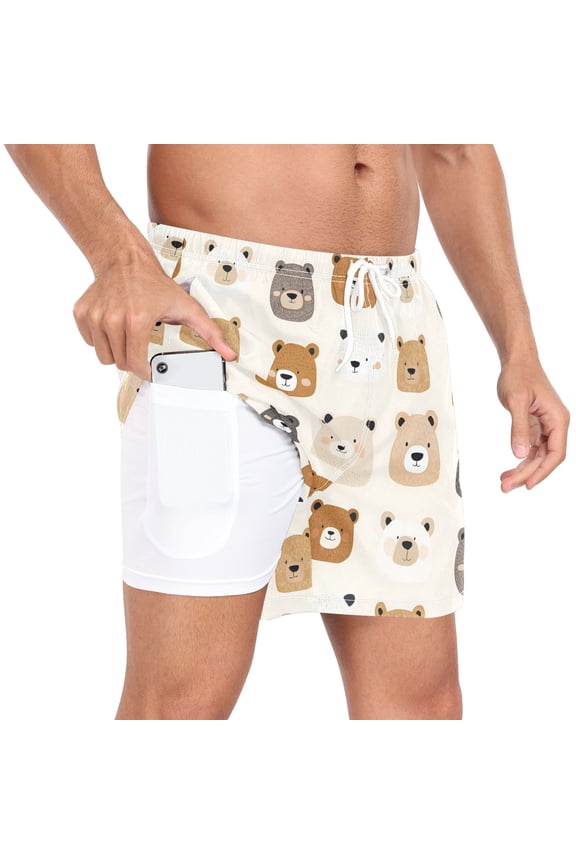 Men's Cute Bears Swim Trunks with Liner Pocket Beach Shorts XXL