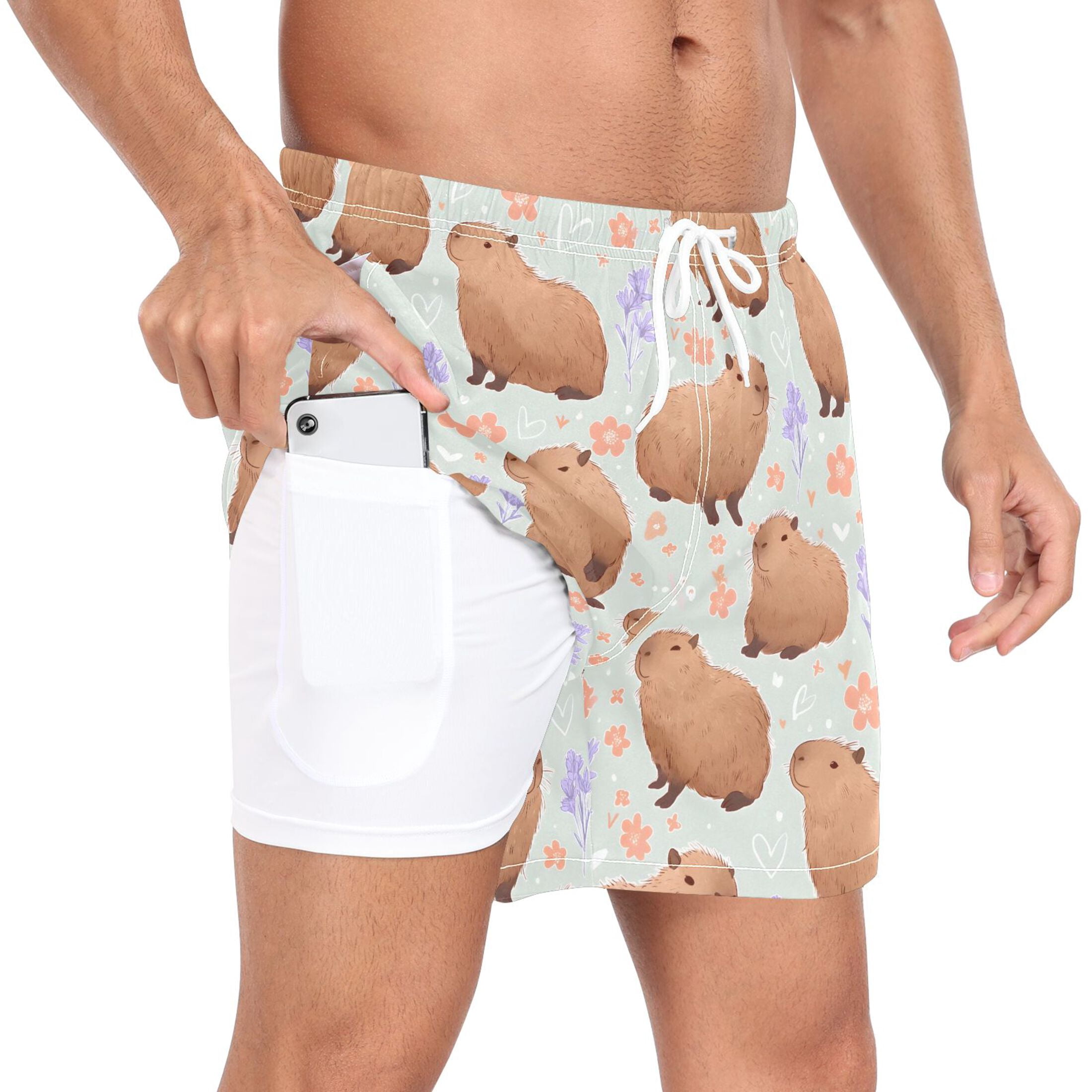 joogoo Men's Cute Capybara Floral Swim Trunks with Liner Pocket Beach Shorts L