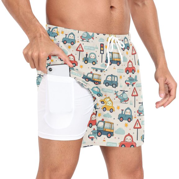 joogoo Men's Cute Cars Trucks Swim Trunks with Liner Pocket Beach Shorts L